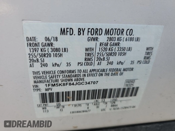 2018 Ford Explorer Limited с VIN 1FM5K8F84JGC34707, выставлен на аукционе Copart как лот 59858955 с пробегом 100 393 миль миль и Списание • Salvage title. История ставок и продаж доступна на DreamBid. Изображение 14.