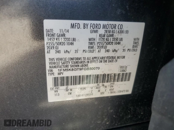 2015 Ford Explorer Sport с VIN 1FM5K8GT9FGB50070, выставлен на аукционе Copart как лот 61179615 с пробегом 106 864 миль миль и Чистый • Clean title. История ставок и продаж доступна на DreamBid. Изображение 12.