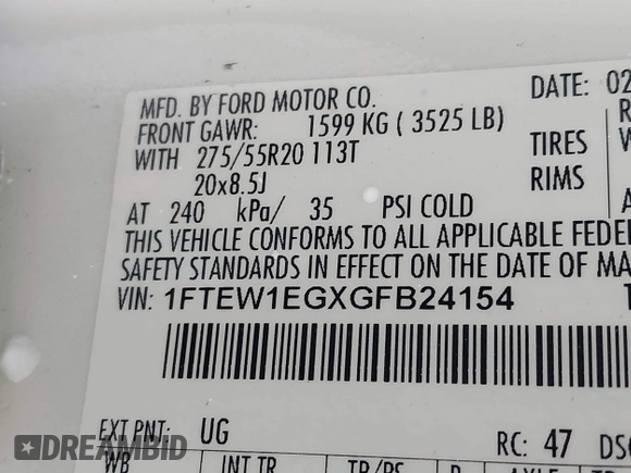 2016 Ford F-150 XLT with VIN 1FTEW1EGXGFB24154, listed as a IAAI auction lot 40871236 with Not provided miles and . Bid and sale history available at DreamBid. Image 9.