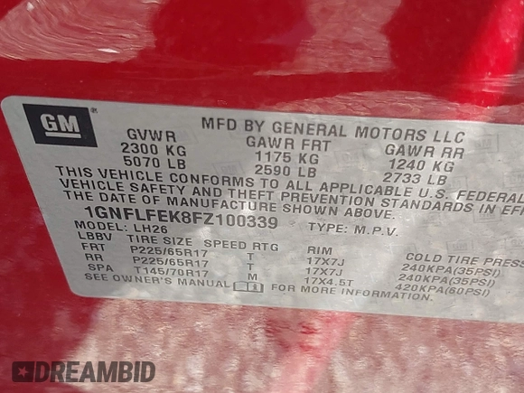 2015 Chevrolet Equinox LT with VIN 1GNFLFEK8FZ100339, listed as a IAAI auction lot 42113246 with 119,050 mi miles. Bid and sale history available at carsss.com. Image 9.