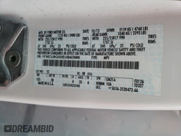 2014 Ford Escape SE with VIN 1FMCU9GX0EUB43986, listed as a Copart auction lot 47384795 with 46,573 mi miles and Clean Title. Bid and sale history available at carsss.com. Image 15.