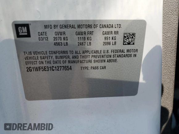 2012 Chevrolet Impala LS Fleet with VIN 2G1WF5E31C1277654, listed as a Copart auction lot 62481345 with 211,517 mi miles and Salvage title. Bid and sale history available at DreamBid. Image 13.