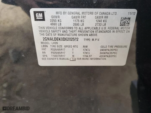 2013 Chevrolet Equinox LT with VIN 2GNALDEK0D6202502, listed as a Copart auction lot 76011454 with 125,669 mi miles and Non Repairable. Bid and sale history available at carsss.com. Image 13.