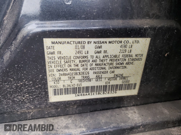 2008 Nissan Maxima 3.5 SE with VIN 1N4BA41E58C828326, listed as a Copart auction lot 65215243 with 0 mi miles and Salvage Title. Bid and sale history available at carsss.com. Image 10.