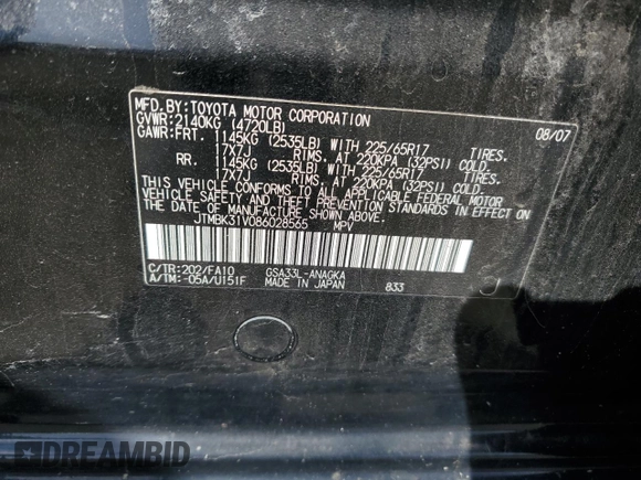 2008 Toyota RAV4 Ltd with VIN JTMBK31V086028565, listed as a Copart auction lot 51314425 with 254,080 mi miles and Salvage Title. Bid and sale history available at carsss.com. Image 12.