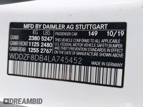 2020 Mercedes-Benz E 350 with VIN WDDZF8DB4LA745452, listed as a IAAI auction lot 42164224 with 53,934 mi miles and . Bid and sale history available at DreamBid. Image 9.