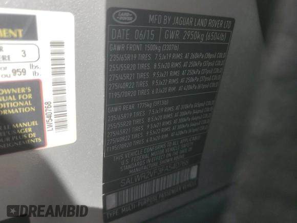 2015 Land Rover Range Rover Sport HSE with VIN SALWR2VF3FA540768, listed as a Copart auction lot 64049945 with 113,569 mi miles and Salvage title. Bid and sale history available at DreamBid. Image 14.