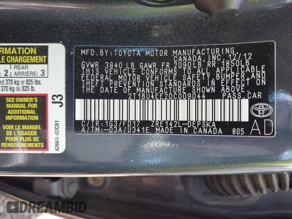 2013 Toyota Corolla L with VIN 2T1BU4EE2DC009044, listed as a IAAI auction lot 42007214 with 168,067 mi miles. Bid and sale history available at carsss.com. Image 9.
