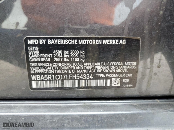 2020 BMW 3 Series 330i with VIN WBA5R1C07LFH54334, listed as a Copart auction lot 85348774 with 107,559 mi miles and Salvage Title. Bid and sale history available at carsss.com. Image 12.