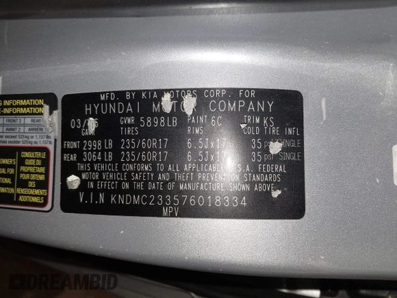 2007 Hyundai Entourage GLS with VIN KNDMC233576018334, listed as a IAAI auction lot 42302468 with 183,557 mi miles and . Bid and sale history available at DreamBid. Image 9.