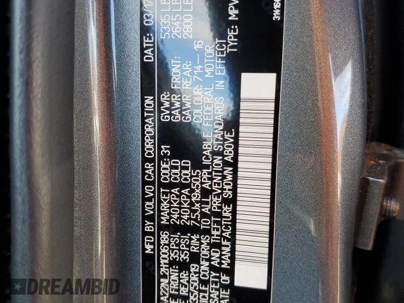 2017 Volvo V90 z VIN YV4A22NL2H1006186, wystawiony jako Copart lot #80231784 z przebiegiem 79 486 mil mil oraz Szkoda całkowita • Salvage title. Historia ofert i sprzedaży dostępna na DreamBid. Obrazek 12.