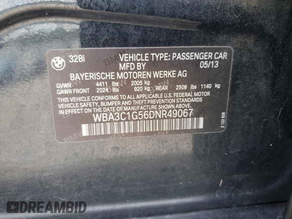 2013 BMW 3 Series 328i with VIN WBA3C1G56DNR49067, listed as a Copart auction lot 44138055 with 133,306 mi miles and Salvage Title. Bid and sale history available at carsss.com. Image 13.