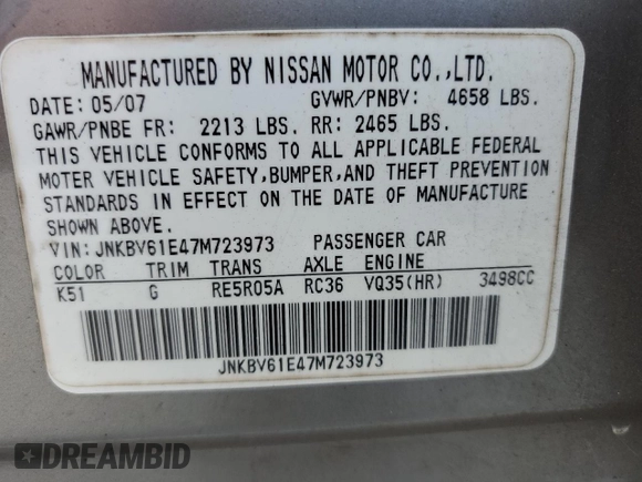 2007 Infiniti G35 Journey with VIN JNKBV61E47M723973, listed as a Copart auction lot 74817104 with 233,767 mi miles and Salvage Title. Bid and sale history available at DreamBid. Image 13.