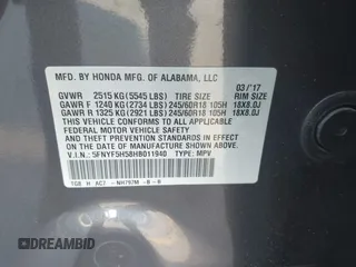 2017 Honda Pilot EX-L with VIN 5FNYF5H58HB011940, listed as a IAAI auction lot 41793151 with 118,088 mi miles. Bid and sale history available at carsss.com. Image 9.