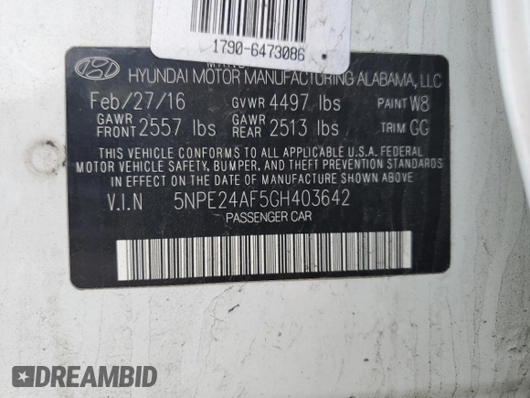 2016 Hyundai Sonata SE with VIN 5NPE24AF5GH403642, listed as a Copart auction lot 55575015 with 147,462 mi miles and Salvage Title. Bid and sale history available at carsss.com. Image 12.