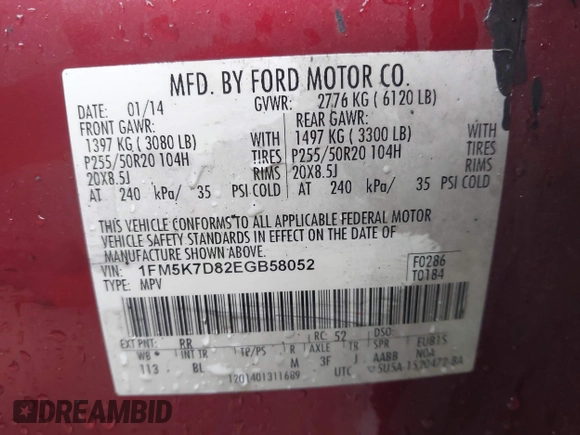 2014 Ford Explorer XLT with VIN 1FM5K7D82EGB58052, listed as a IAAI auction lot 41774734 with 148,612 mi miles. Bid and sale history available at carsss.com. Image 9.