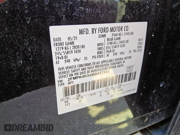 2021 Ford Edge Titanium с VIN 2FMPK4K94MBA27083, выставлен на аукционе Copart как лот 62149285 с пробегом 128 325 миль миль и Чистый • Clean title. История ставок и продаж доступна на DreamBid. Изображение 12.