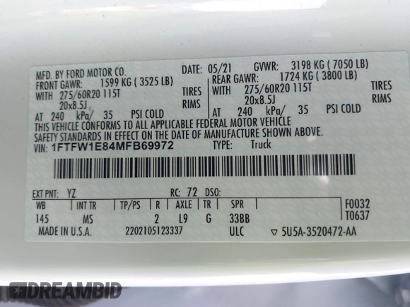 2021 Ford F-150 XL z VIN 1FTFW1E84MFB69972, wystawiony jako IAAI lot #41294390 z przebiegiem 60 336 mil mil oraz . Historia ofert i sprzedaży dostępna na DreamBid. Obrazek 9.