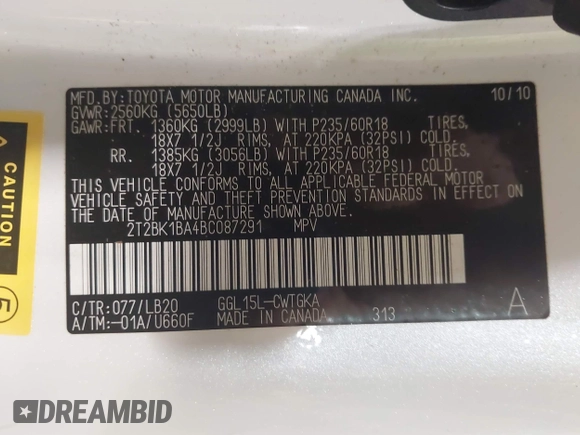 2011 Lexus RX 350 with VIN 2T2BK1BA4BC087291, listed as a IAAI auction lot 42550963 with 120,700 mi miles and . Bid and sale history available at DreamBid. Image 9.