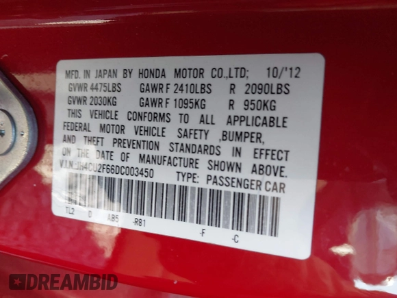 2013 Acura TSX Technology with VIN JH4CU2F66DC003450, listed as a IAAI auction lot 41707950 with 132,533 mi miles and . Bid and sale history available at DreamBid. Image 9.