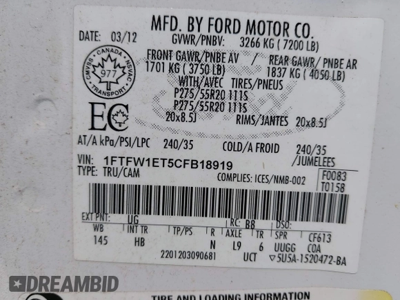 2012 Ford F-150 XL with VIN 1FTFW1ET5CFB18919, listed as a IAAI auction lot 42592380 with 204,469 mi miles and . Bid and sale history available at DreamBid. Image 9.