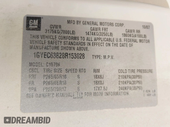 2008 Cadillac Escalade z VIN 1GYEC63828R153028, wystawiony jako IAAI lot #42043110 z przebiegiem 127 122 mil mil oraz . Historia ofert i sprzedaży dostępna na DreamBid. Obrazek 9.