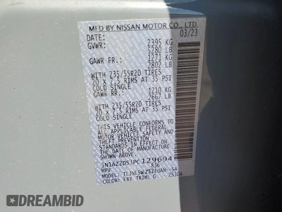 2023 Nissan Murano Platinum z VIN 5N1AZ2DS3PC129694, wystawiony jako Copart lot #53986615 z przebiegiem 19 829 mil mil oraz Szkoda całkowita • Salvage title. Historia ofert i sprzedaży dostępna na DreamBid. Obrazek 12.