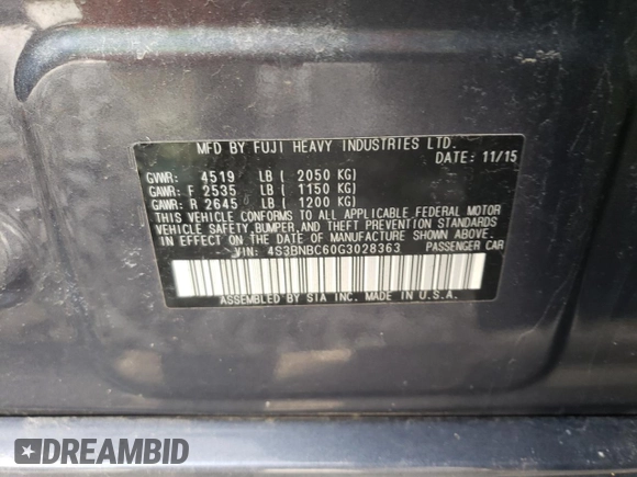 2016 Subaru Legacy Premium with VIN 4S3BNBC60G3028363, listed as a Copart auction lot 47173675 with 62,322 mi miles and Salvage title. Bid and sale history available at DreamBid. Image 12.