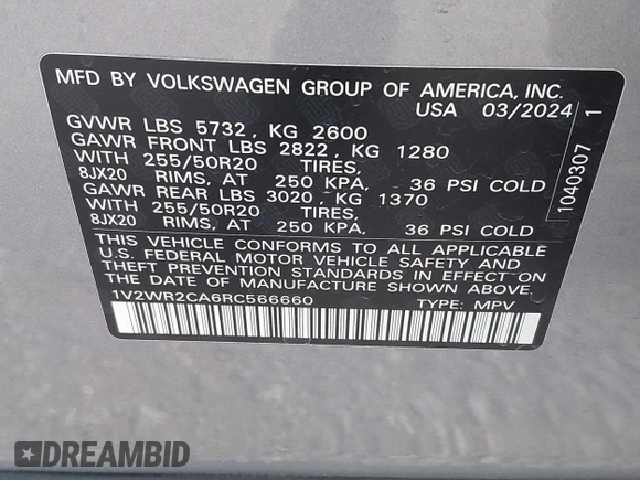 2024 Volkswagen Atlas SE with VIN 1V2WR2CA6RC566660, listed as a IAAI auction lot 41255378 with 12,814 mi miles and . Bid and sale history available at DreamBid. Image 9.