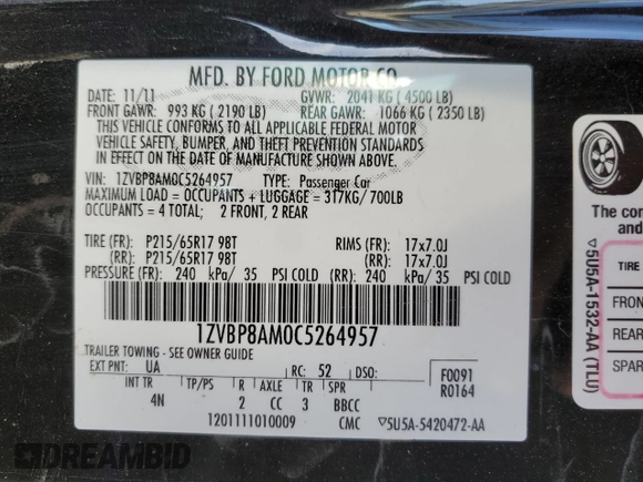 2012 Ford Mustang V6 Premium with VIN 1ZVBP8AM0C5264957, listed as a Copart auction lot 47693555 with 118,936 mi miles and Salvage Title. Bid and sale history available at carsss.com. Image 15.