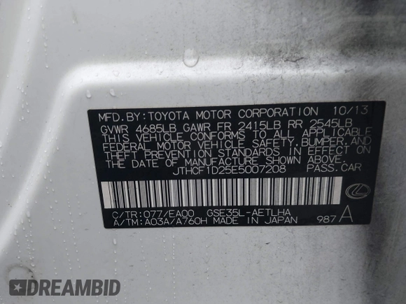 2014 Lexus IS 250 with VIN JTHCF1D25E5007208, listed as a IAAI auction lot 41036831 with 136,884 mi miles. Bid and sale history available at carsss.com. Image 9.