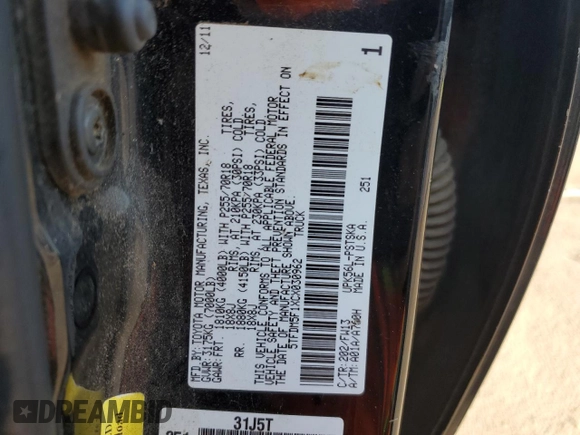 2012 Toyota Tundra 4WD Truck with VIN 5TFDM5F1XCX030962, listed as a Copart auction lot 85065924 with 351,418 mi miles and Clean Title. Bid and sale history available at carsss.com. Image 12.