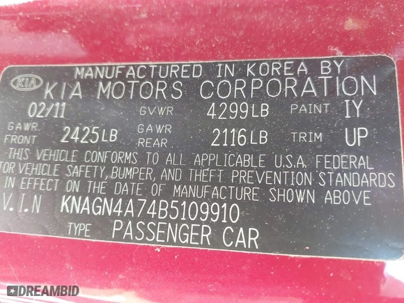 2011 Kia Optima EX with VIN KNAGN4A74B5109910, listed as a IAAI auction lot 41856472 with 212,227 mi miles. Bid and sale history available at carsss.com. Image 9.