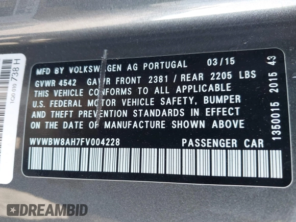 2015 Volkswagen Eos Komfort with VIN WVWBW8AH7FV004228, listed as a IAAI auction lot 41659825 with 71,468 mi miles and . Bid and sale history available at DreamBid. Image 9.
