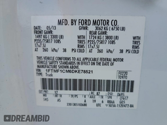 2013 Ford F-150 XL z VIN 1FTMF1CM6DKE78521, wystawiony jako Copart lot #53265605 z przebiegiem 245 087 mil mil oraz Szkoda całkowita • Salvage title. Historia ofert i sprzedaży dostępna na DreamBid. Obrazek 12.