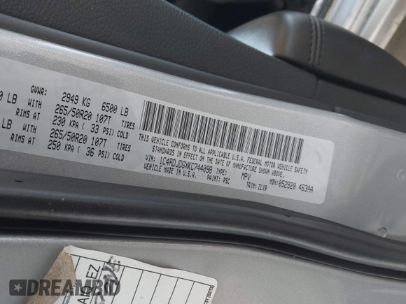 2019 Dodge Durango GT Plus with VIN 1C4RDJDGXKC744098, listed as a IAAI auction lot 41997677 with 88,564 mi miles and . Bid and sale history available at DreamBid. Image 9.