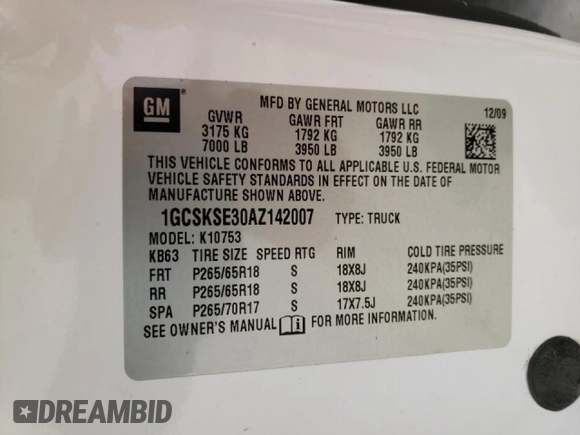 2010 Chevrolet Silverado 1500 LT with VIN 1GCSKSE30AZ142007, listed as a Copart auction lot 53021765 with 100,698 mi miles and Salvage Title. Bid and sale history available at DreamBid. Image 13.