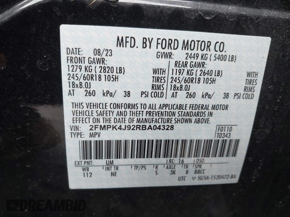 2024 Ford Edge SEL with VIN 2FMPK4J92RBA04328, listed as a IAAI auction lot 41574827 with 8,120 mi miles. Bid and sale history available at carsss.com. Image 9.