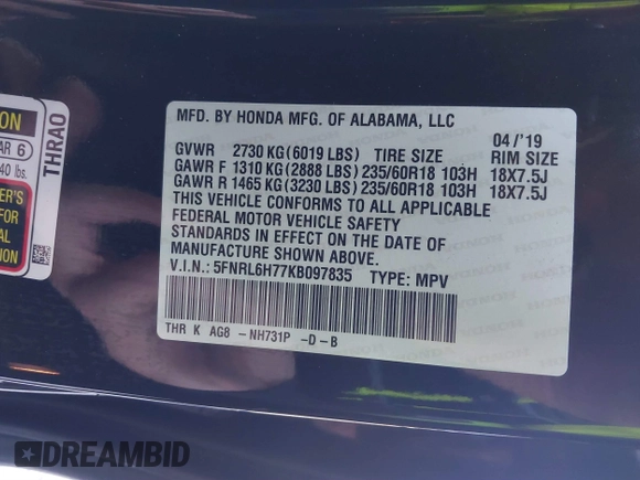 2019 Honda Odyssey EX-L with VIN 5FNRL6H77KB097835, listed as a IAAI auction lot 41768458 with 43,682 mi miles. Bid and sale history available at carsss.com. Image 9.