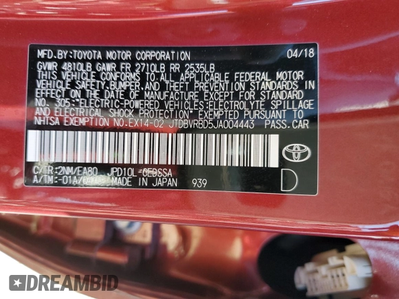 2018 Toyota Mirai with VIN JTDBVRBD5JA004443, listed as a Copart auction lot 45682005 with 76,567 mi miles and Salvage title. Bid and sale history available at DreamBid. Image 13.