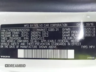 2019 Volvo XC60 Momentum with VIN LYV102DK8KB255769, listed as a IAAI auction lot 41573224 with 45,249 mi miles and . Bid and sale history available at DreamBid. Image 9.