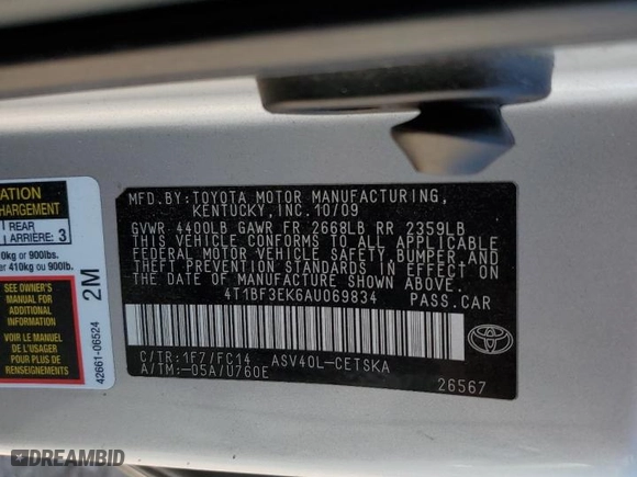 2010 Toyota Camry with VIN 4T1BF3EK6AU069834, listed as a Copart auction lot 52422535 with 241,757 mi miles and Salvage Title. Bid and sale history available at carsss.com. Image 12.