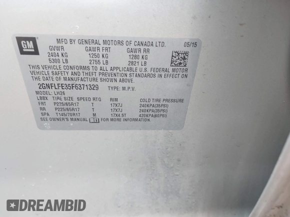 2015 Chevrolet Equinox LT with VIN 2GNFLFE35F6371329, listed as a IAAI auction lot 41605185 with 183,889 mi miles and . Bid and sale history available at DreamBid. Image 9.
