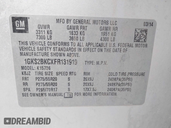 2015 GMC Yukon SLT with VIN 1GKS2BKCXFR131919, listed as a IAAI auction lot 41664827 with 149,398 mi miles. Bid and sale history available at carsss.com. Image 9.