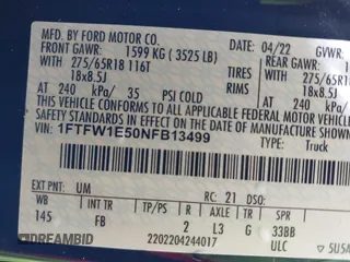 2022 Ford F-150 XL with VIN 1FTFW1E50NFB13499, listed as a IAAI auction lot 41444353 with 60,784 mi miles. Bid and sale history available at carsss.com. Image 9.