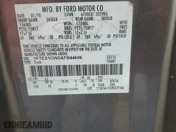 2010 Ford F-150 XL with VIN 1FTEX1CW0AFB44606, listed as a Copart auction lot 56570045 with 166,448 mi miles and Salvage title. Bid and sale history available at DreamBid. Image 12.