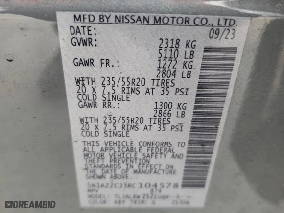 2024 Nissan Murano SL with VIN 5N1AZ2CJ3RC104578, listed as a Copart auction lot 85855024 with 28,786 mi miles and Non Repairable. Bid and sale history available at carsss.com. Image 15.