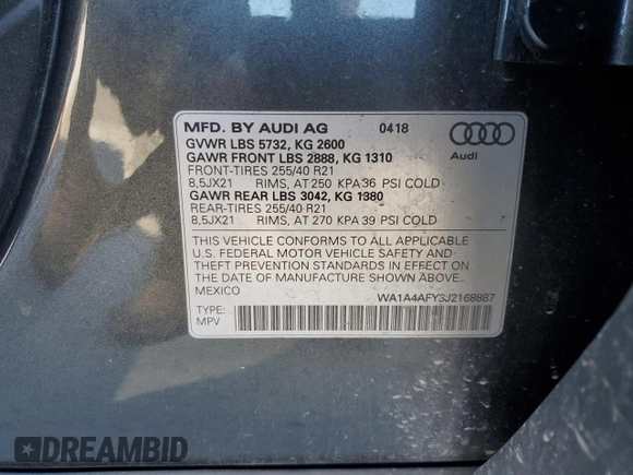 2018 Audi SQ5 Premium Plus with VIN WA1A4AFY3J2168887, listed as a Copart auction lot 42715805 with 49,306 mi miles and Salvage Title. Bid and sale history available at DreamBid. Image 13.