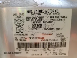 2012 Ford F-150 XL with VIN 1FTFW1EF1CKE10648, listed as a Copart auction lot 63333505 with 160,764 mi miles and Salvage title. Bid and sale history available at DreamBid. Image 12.