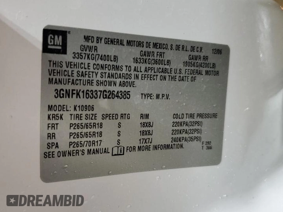 2007 Chevrolet Suburban LTZ с VIN 3GNFK16337G264385, выставлен на аукционе Copart как лот 61901695 с пробегом 212 878 миль миль и Чистый • Clean title. История ставок и продаж доступна на DreamBid. Изображение 13.